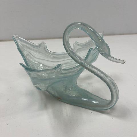 Vintage Hand Blown Art Glass Swan Bowl Dish Blue White Swirl Mid-Century Large