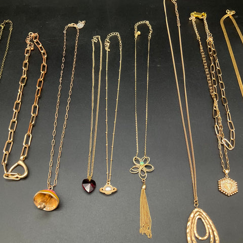 Gold Tone Fashion Necklace Jewelry Lot of 14 Sun Pendant Herringbone Tassel