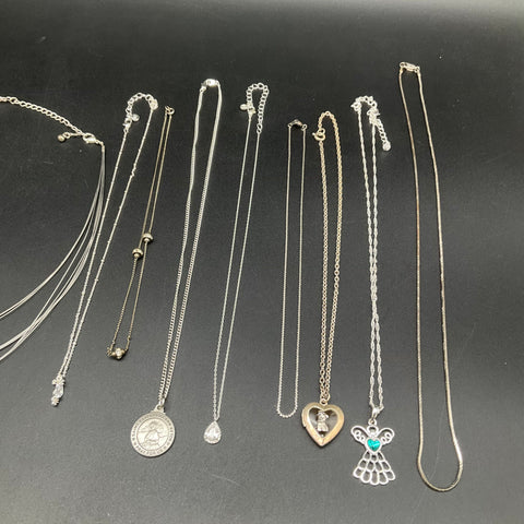 Vintage to Modern Costume Jewelry Lot 14 Necklaces Silver Tone Angel Heart