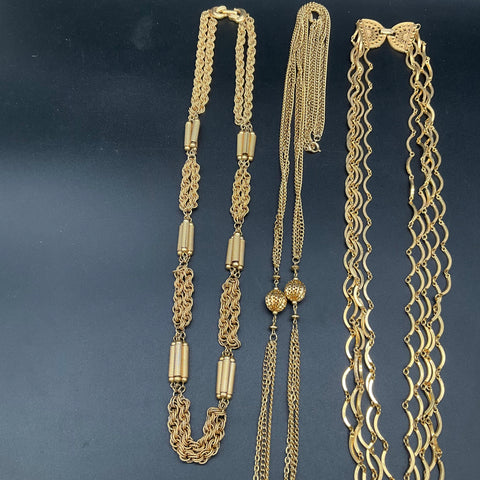Vintage Gold Tone Costume Jewelry Lot 5 Necklaces Chunky Multi-Strand Statement