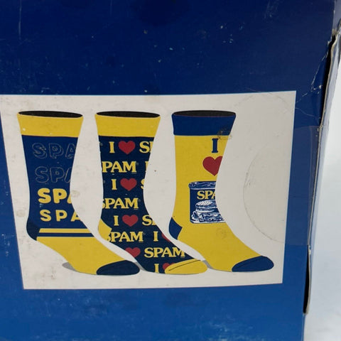 SPAM Men's 3 Pair Crew Socks Blue Yellow Novelty Food Logo New in Box Sz 10-13