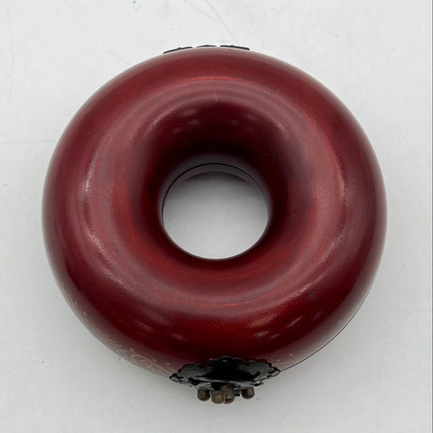 Vintage Chinoiserie Red Lacquer Toroidal Donut Jewelry Box Bird Flower 5"