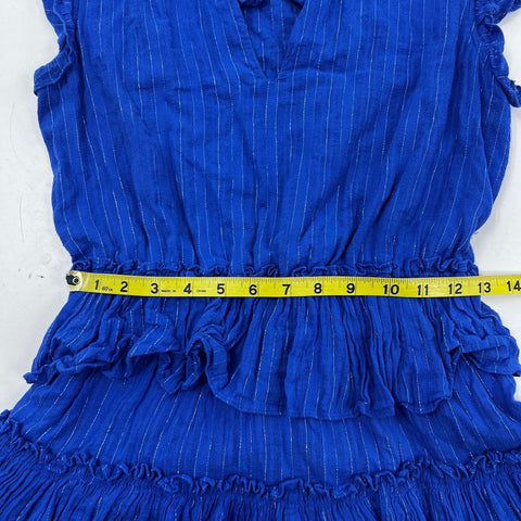 Misa Los Angeles Women's Blue Metallic Pinstripe Tiered Ruffle Mini Dress Sz S