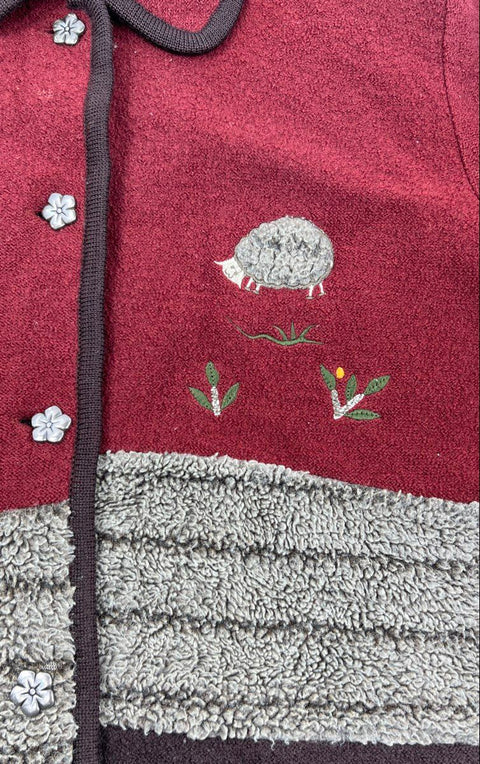 Vintage 90s Bernardo Essentials Women's Burgundy Wool Sheep Cardigan Jacket Sz M