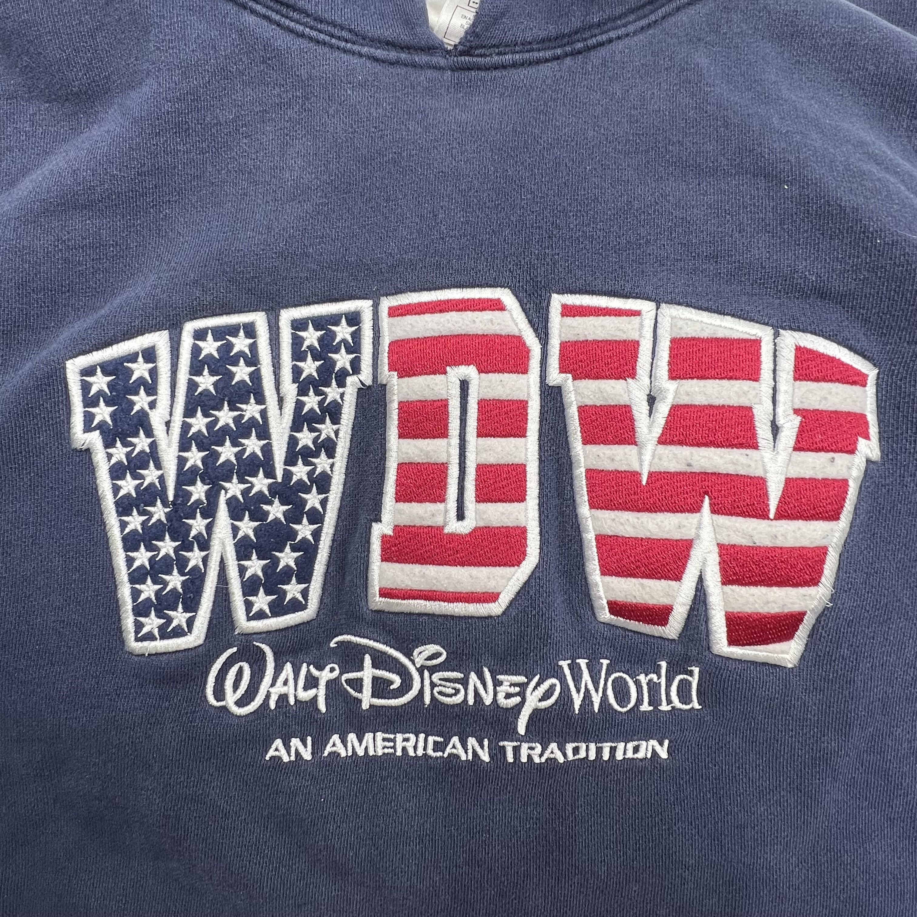 Vintage Y2K Walt Disney World Blue Embroidered WDW American Flag Hoodie Mens XL