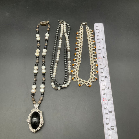 Sterling Silver 925 Pearl Hematite Beaded Necklace Lot of 3 Black Onyx Pendant