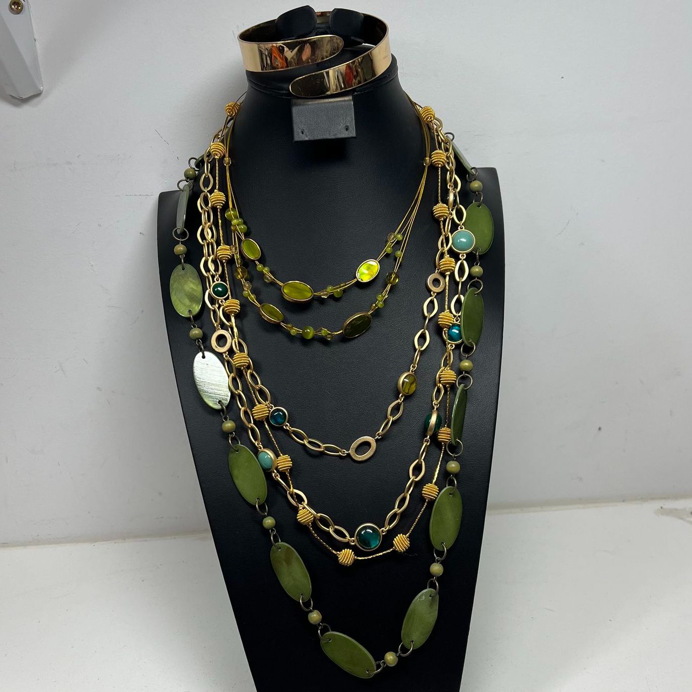 Lot of Green Gold Tone Beaded Chain Necklace Cuff Jewelry Set