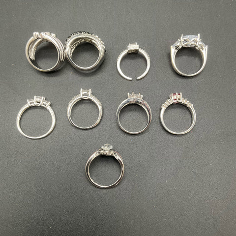 Fashion Costume Jewelry Lot of 9 Silver Tone Rings Various Styles Sizes