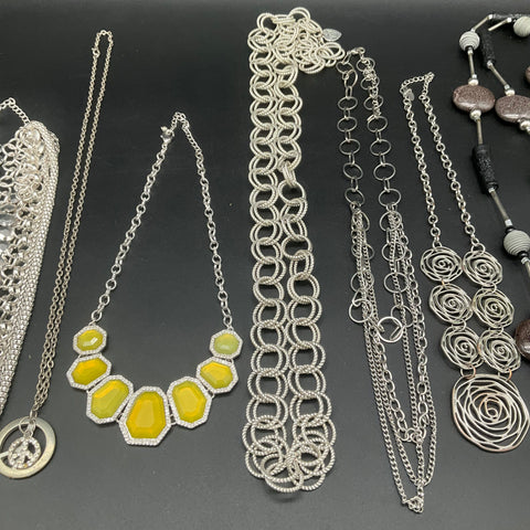 Fashion Costume Jewelry Lot of 8 Necklaces Silver Tone Yellow Bib Peace Sign