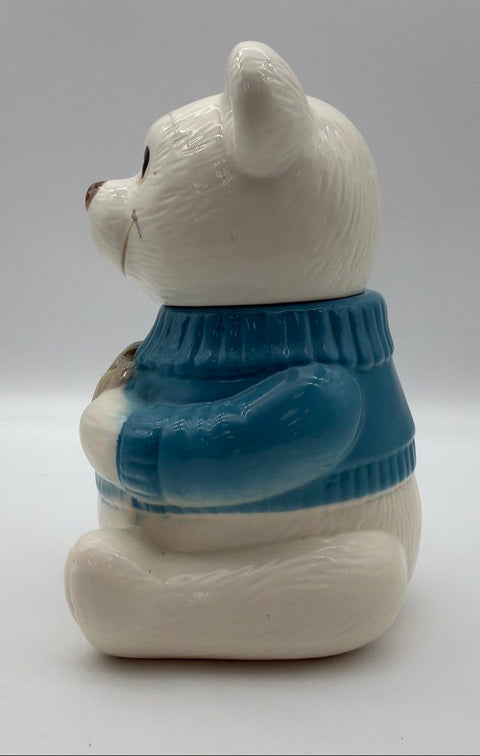 Vintage Welcome Ceramic Bear Cookie Jar White Blue Sweater Taiwan 12 Inch