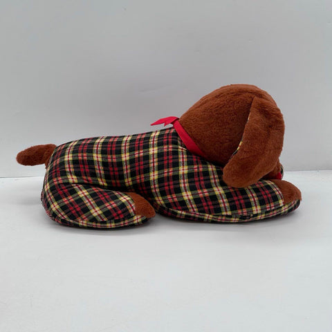 Vintage 1960s Dog Plushie Plaid Brown Faux Fur Stuffed Animal 20 Inch Large