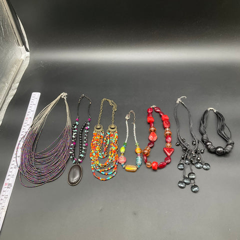 Boho Retro Beaded Statement Jewelry Lot of 7 Necklaces Multi-Strand Bib