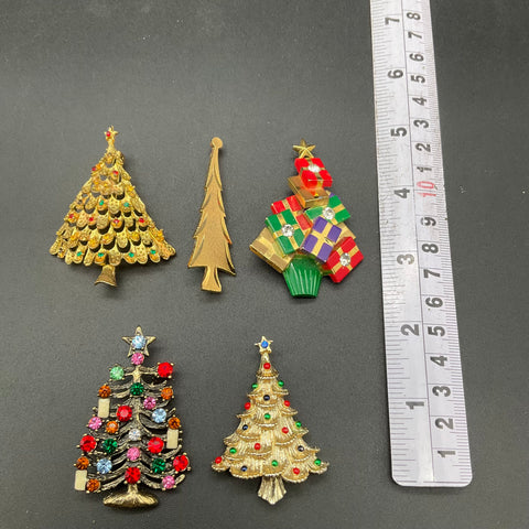 Vintage Christmas Tree Brooch Lot 5 Gold Tone Rhinestone Enamel Holiday Pins