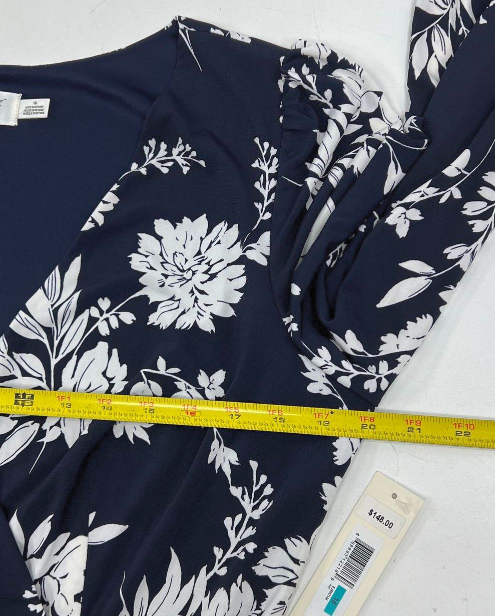 Eliza J NWT Navy White Floral High Low Faux Wrap Ruffle Dress Women's 16