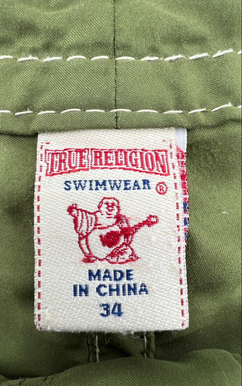 True Religion Men's Section Surf Olive Green Peace Sign Board Shorts Size 34