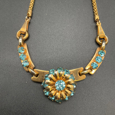 Vintage 1950s Barclay Gold Tone Blue Rhinestone Floral Choker Necklace 15"