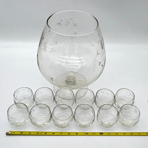Etched Glass Punch Bowl Set 13 Piece Giant Snifter 12 Cups Floral Vine Vintage