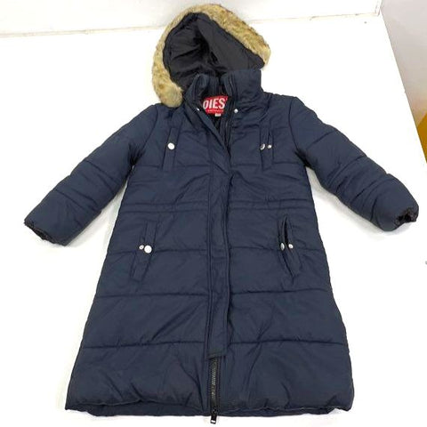 Diesel Youth Size 14 Navy Blue Long Puffer Coat Parka Hooded Faux Fur