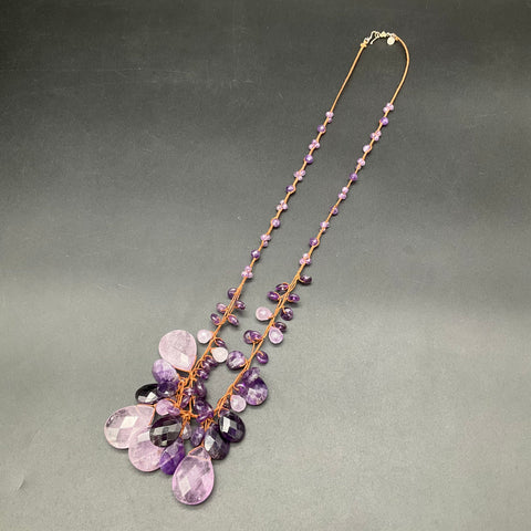 Chan Luu Sterling Silver 925 Amethyst Woven Cord Beaded Statement Necklace 30"