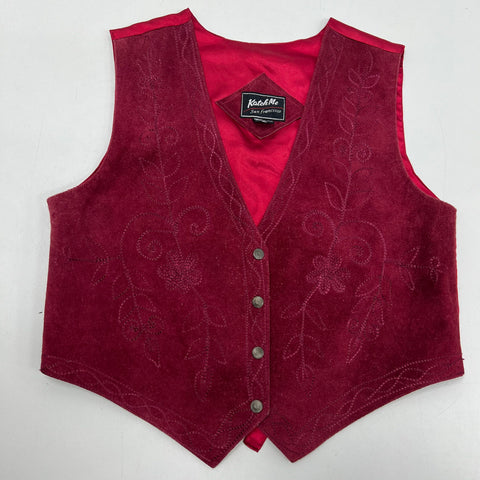 Vintage 90s Katch Me Burgundy Suede Leather Embroidered Western Vest Women's XL