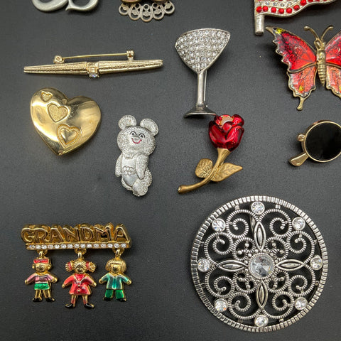 Vintage & Modern Costume Brooch Lot of 25 Rhinestone Enamel Pewter Pins