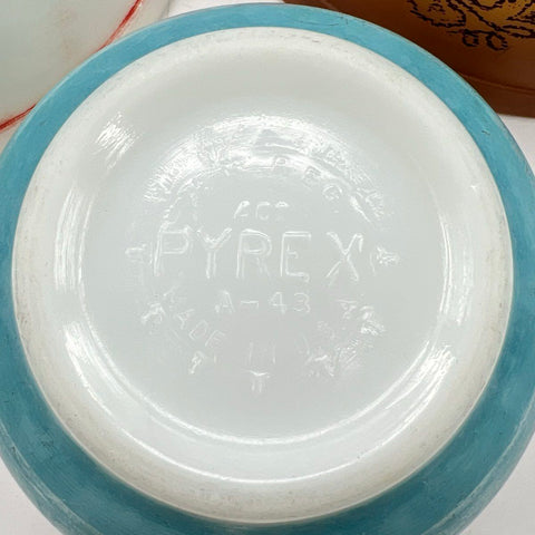 Pyrex 3 Piece Mixing Bowl Lot 401 Turquoise 402 Red Stripe 403 Old Orchard