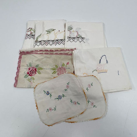 Vintage Hand Embroidered Linen Lot Table Runner Doilies Napkins Floral Fruit