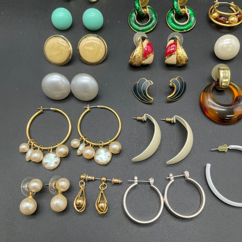 Vintage Faux Pearl Rhinestone Enamel Earring Lot 28 Pairs Hoops Studs Dangles
