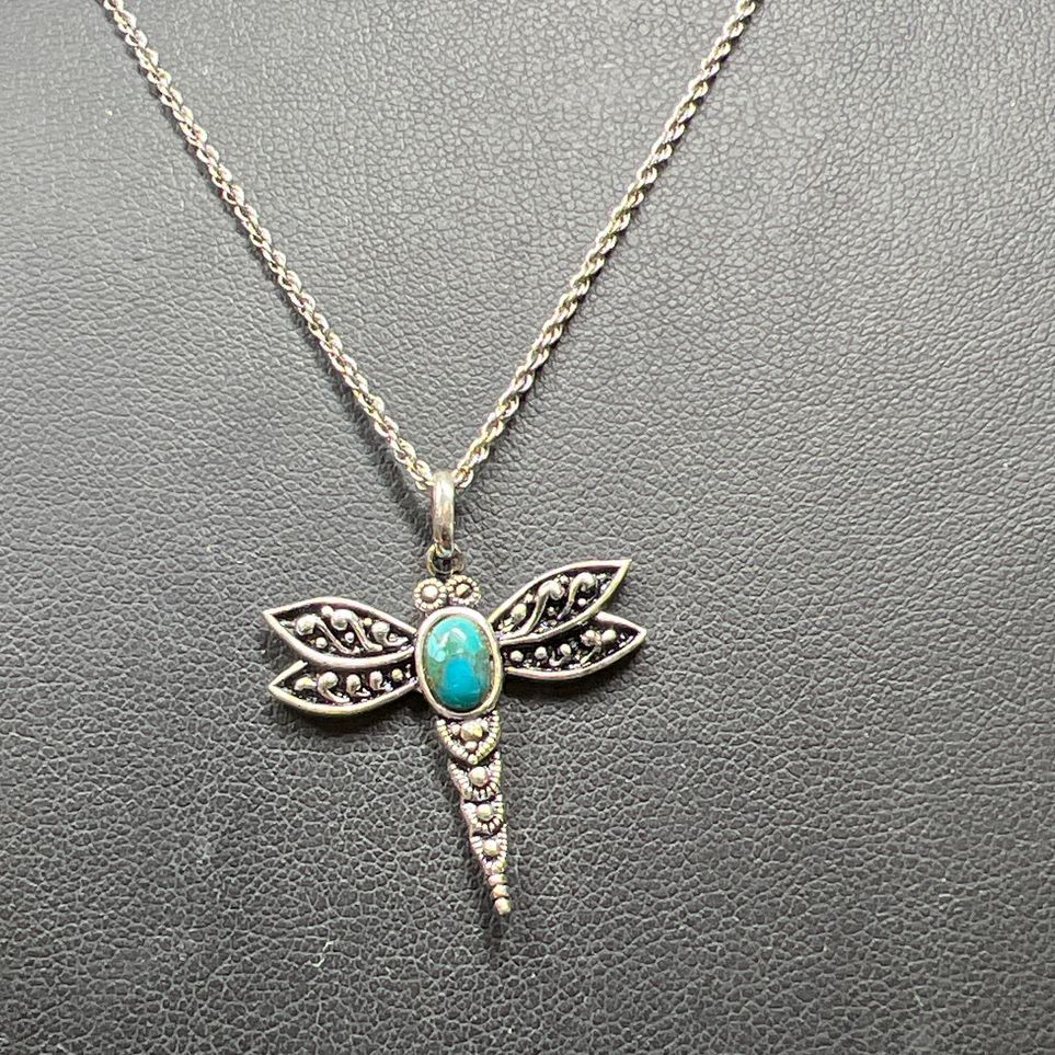 925 Sterling Silver Turquoise Dragonfly Pendant Necklace