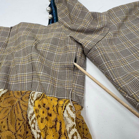 LuLualways Yellow Brown Plaid Lace Ruffle Asymmetrical Dress Women's Size 9