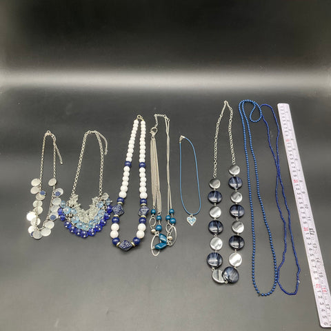 Blue and White Costume Jewelry Necklace Lot of 7 Beaded Silver Tone Boho Bib