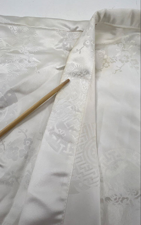 Vintage Women's White Satin Damask Dragon Kimono Robe Japanese Style Long