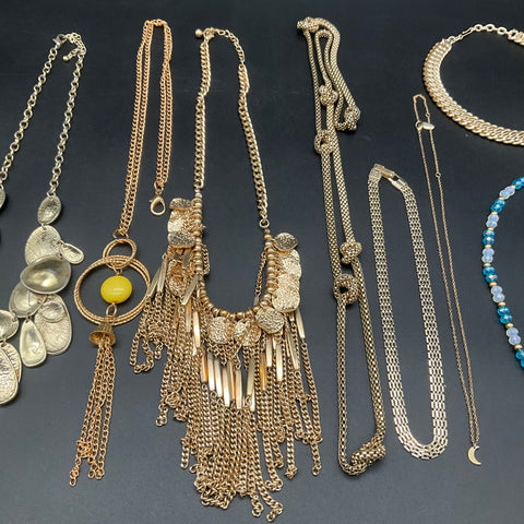 Fashion Statement Jewelry Lot of 9 Boho Gold Tone Bib Fringe Beaded Necklaces