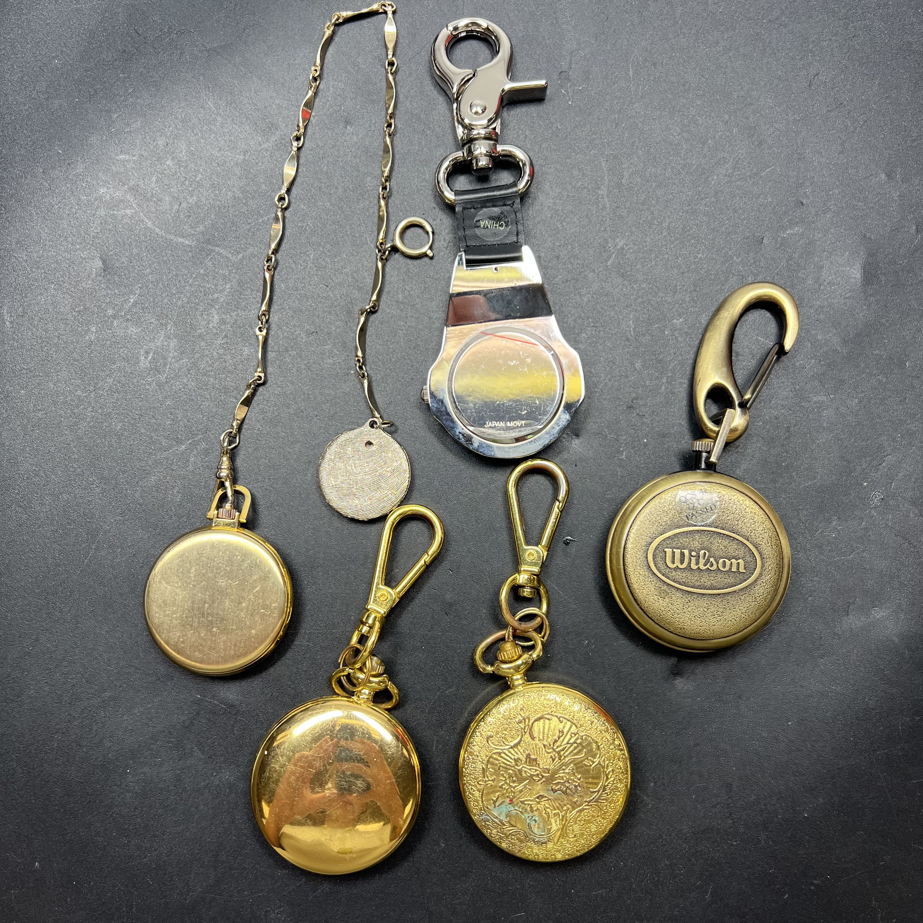 Lot of 5 Pocket Watches Clips Gold Tone Styles Vary UNTESTED