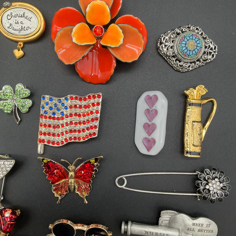 Vintage & Modern Costume Brooch Lot of 25 Rhinestone Enamel Pewter Pins