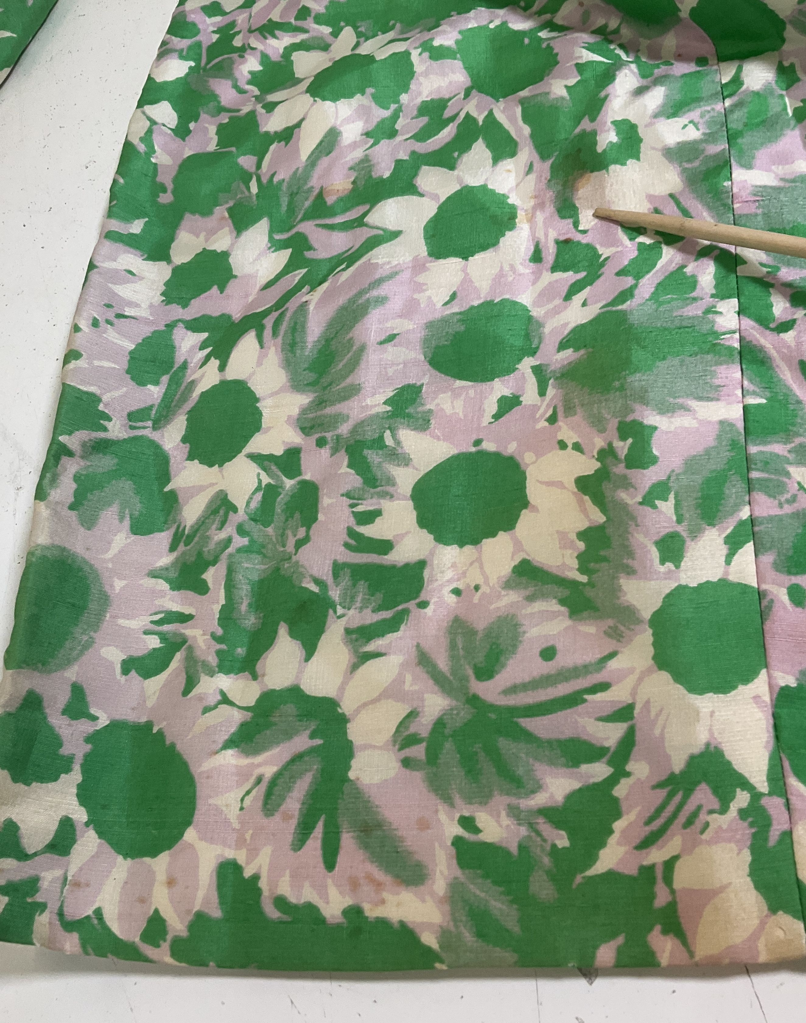 Vintage 1960s Handmade Silk Shantung Floral Two-Piece Dress Skirt Set Green