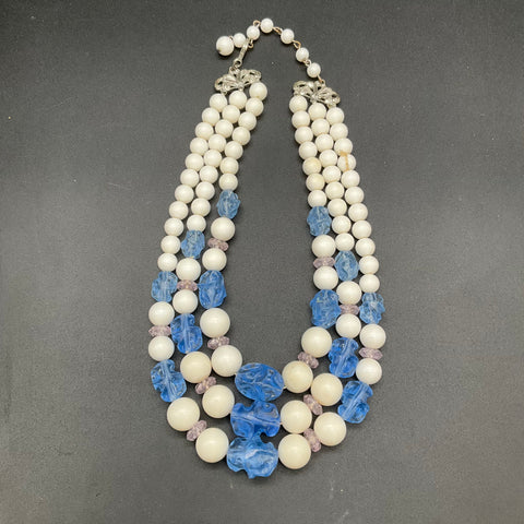 Vintage Costume Jewelry Lot 2 Necklaces Blue White Beaded & Faux Pearl Strands