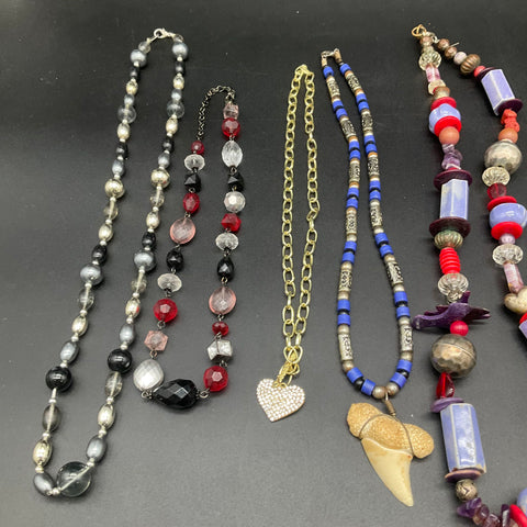 Vintage Statement Beaded Jewelry Lot of 8 Necklaces Shark Tooth Heart Faux Pearl