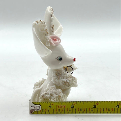 Vintage Ceramic Mouse Figurine White Spaghetti Ware With Pink Rose 4.5 Inch