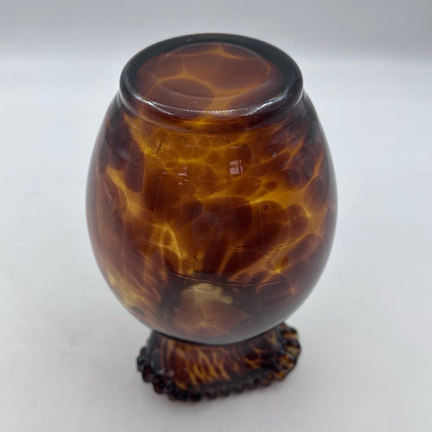 Art Glass Vase Amber Tortoiseshell Mottled Brown Ruffled Rim Vintage 9 Inch