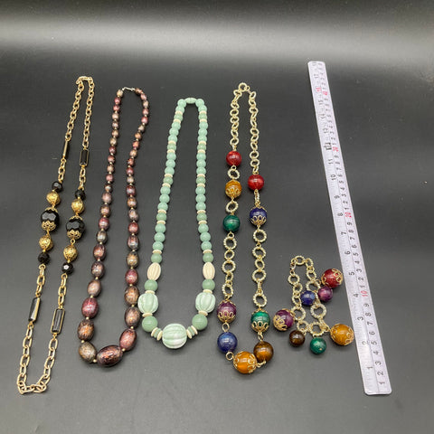 Vintage Beaded Jewelry Lot 5 Necklaces & Charm Bracelet Gold Tone Carved Beads