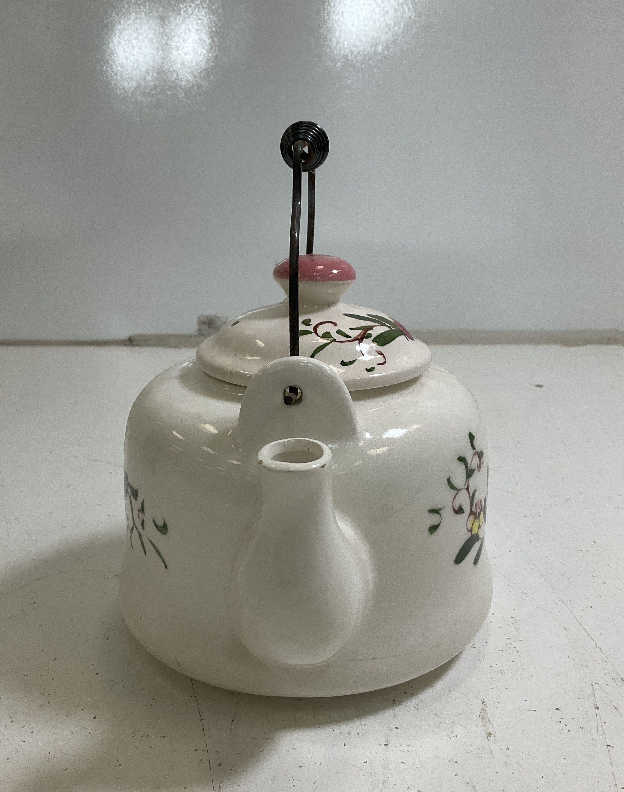 Vintage Hand Painted Floral Ceramic Teapot Kettle White Metal Bail Handle