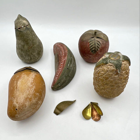 Vintage Terra Cotta Fruit Lot 5 Pieces Brass-Tone Accents Mid Century Style