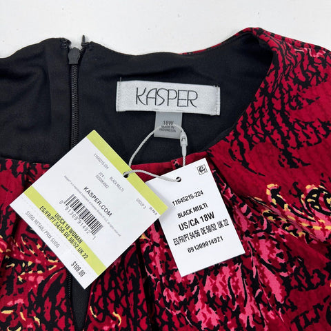 Kasper Women's Dress Red Black Multi Floral Pleated Neck Self-Tie Belt Sz 18W