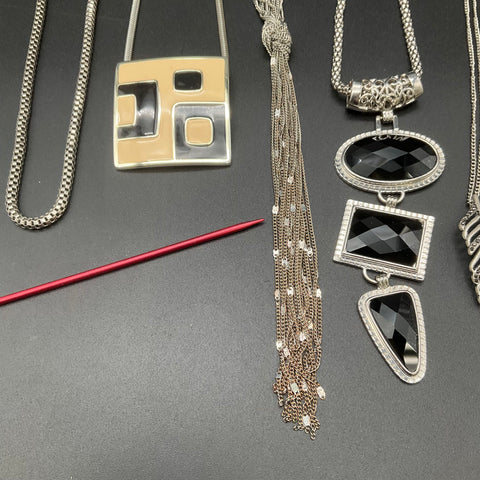 Silver Tone Jewelry Lot 9 Necklaces Boho Geometric Moon Heart Feather Tassel