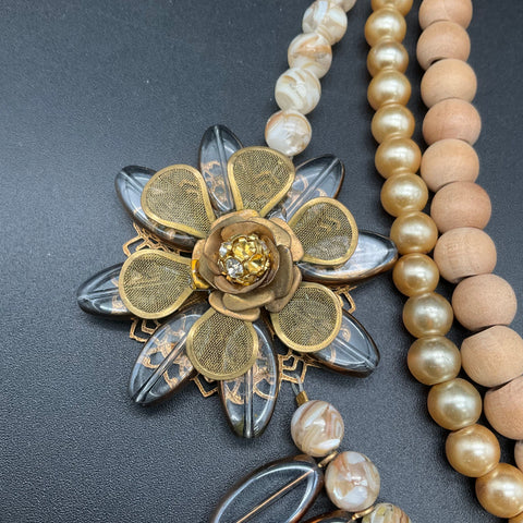 Lenora Dame 3-Strand Statement Necklace Wood Faux Pearl Floral Flower Bow