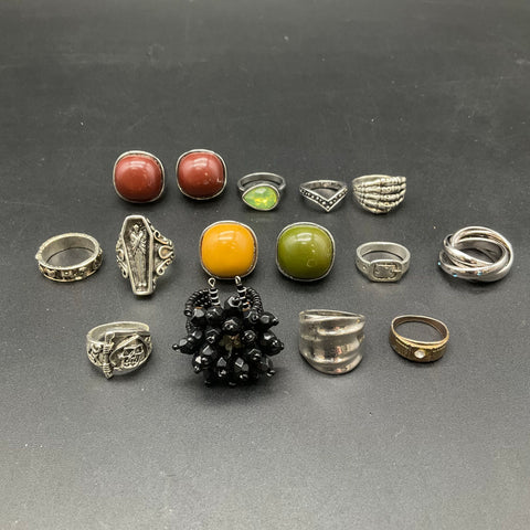 Mixed Costume Jewelry Ring Lot 15 Pieces Gothic Boho Cabochon Sizes 6 7