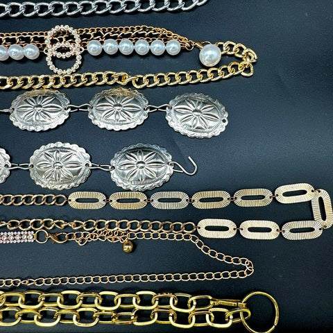 Vintage Style Fashion Chain Belts Lot 6pc Gold Silver Tone Concho Pearl Coin