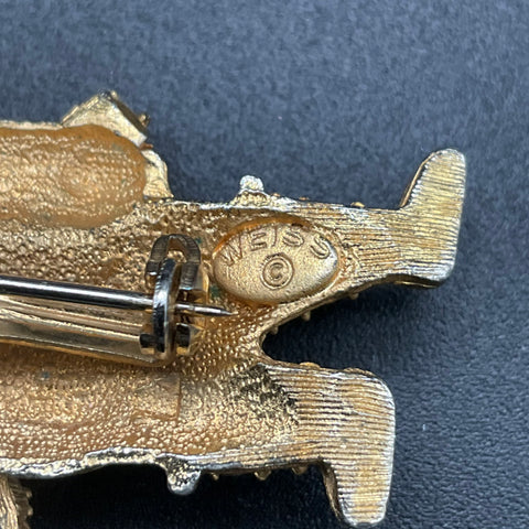 Vintage 1960s Weiss Gold Tone Rhinestone Santa Claus Christmas Brooch Pin