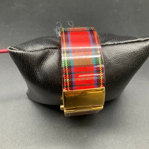 Joan Rivers Classics Gold Tone Red Plaid Cuff Bracelet Watch New Battery
